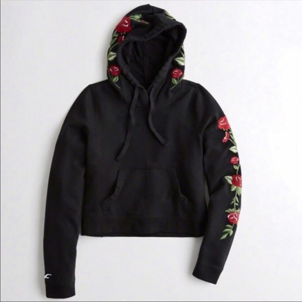 Hollister rose floral embroidered crop hoodie